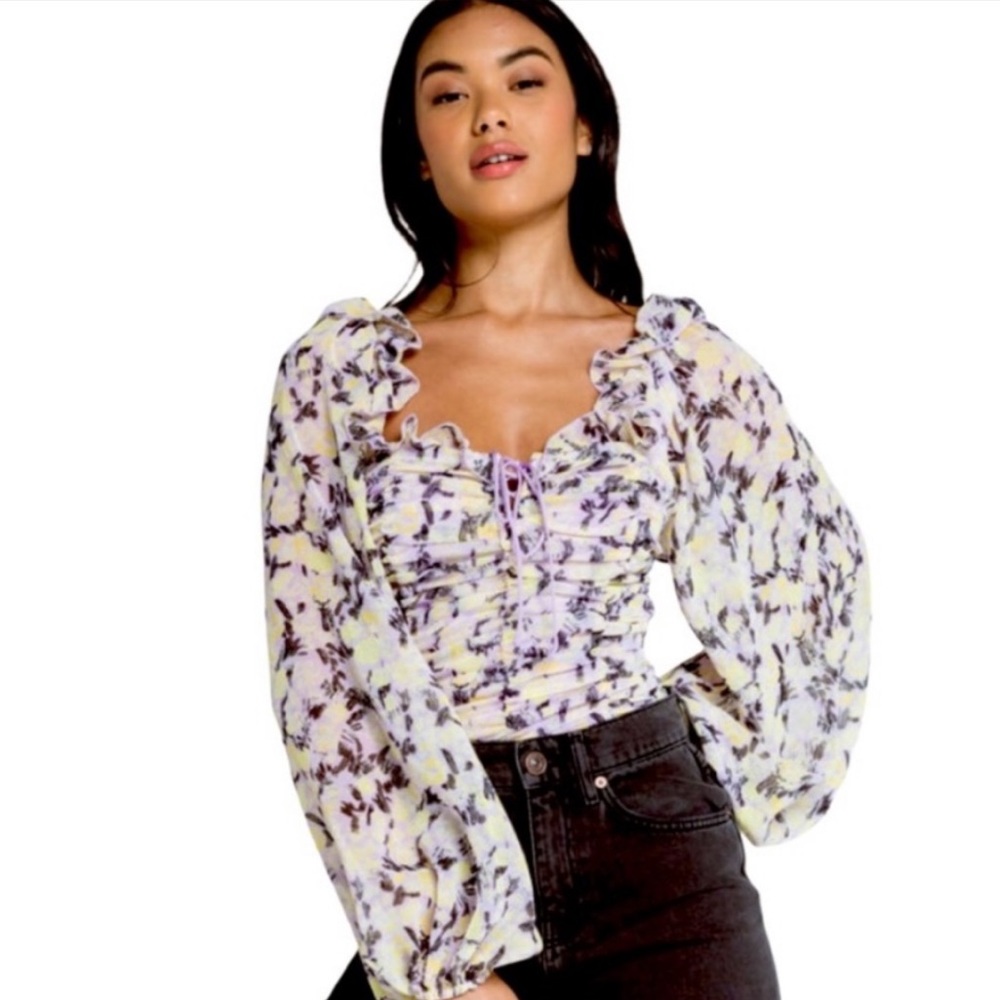 Free People Mabel Ruched Poet Sleeve Floral Blouse